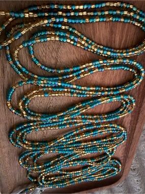 Handcrafted 2 strands Teal and Gold Seed waist Beads Women